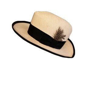 Classic Straw Fedora Hat With Black Ribbon & Feather‎ Accent
